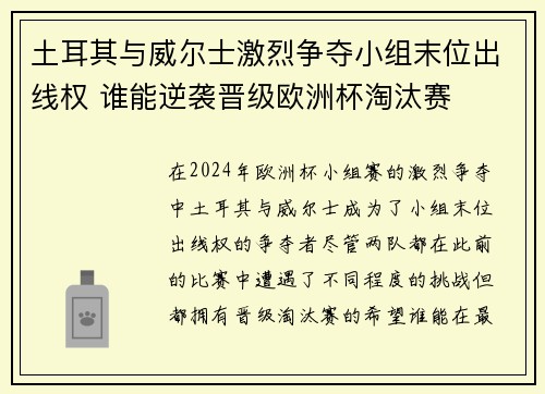 土耳其与威尔士激烈争夺小组末位出线权 谁能逆袭晋级欧洲杯淘汰赛