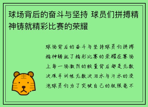 球场背后的奋斗与坚持 球员们拼搏精神铸就精彩比赛的荣耀