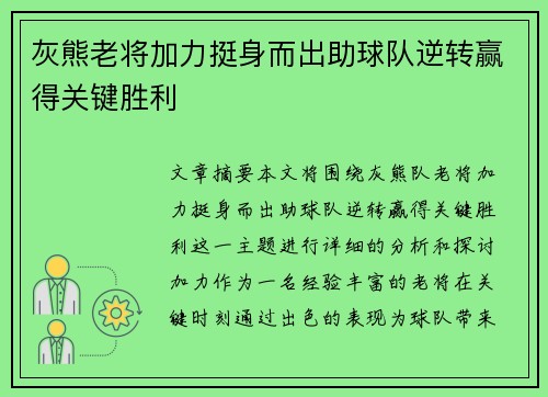灰熊老将加力挺身而出助球队逆转赢得关键胜利